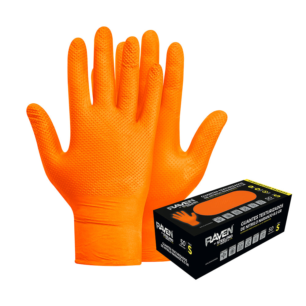 GUANTE RAVEN NITRILO TEXTURIZADO NARANJO 8.0 GR STEELPRO CAJA 50 UND