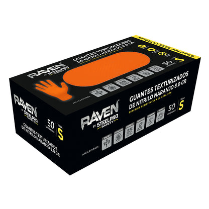 GUANTE RAVEN NITRILO TEXTURIZADO NARANJO 8.0 GR STEELPRO CAJA 50 UND