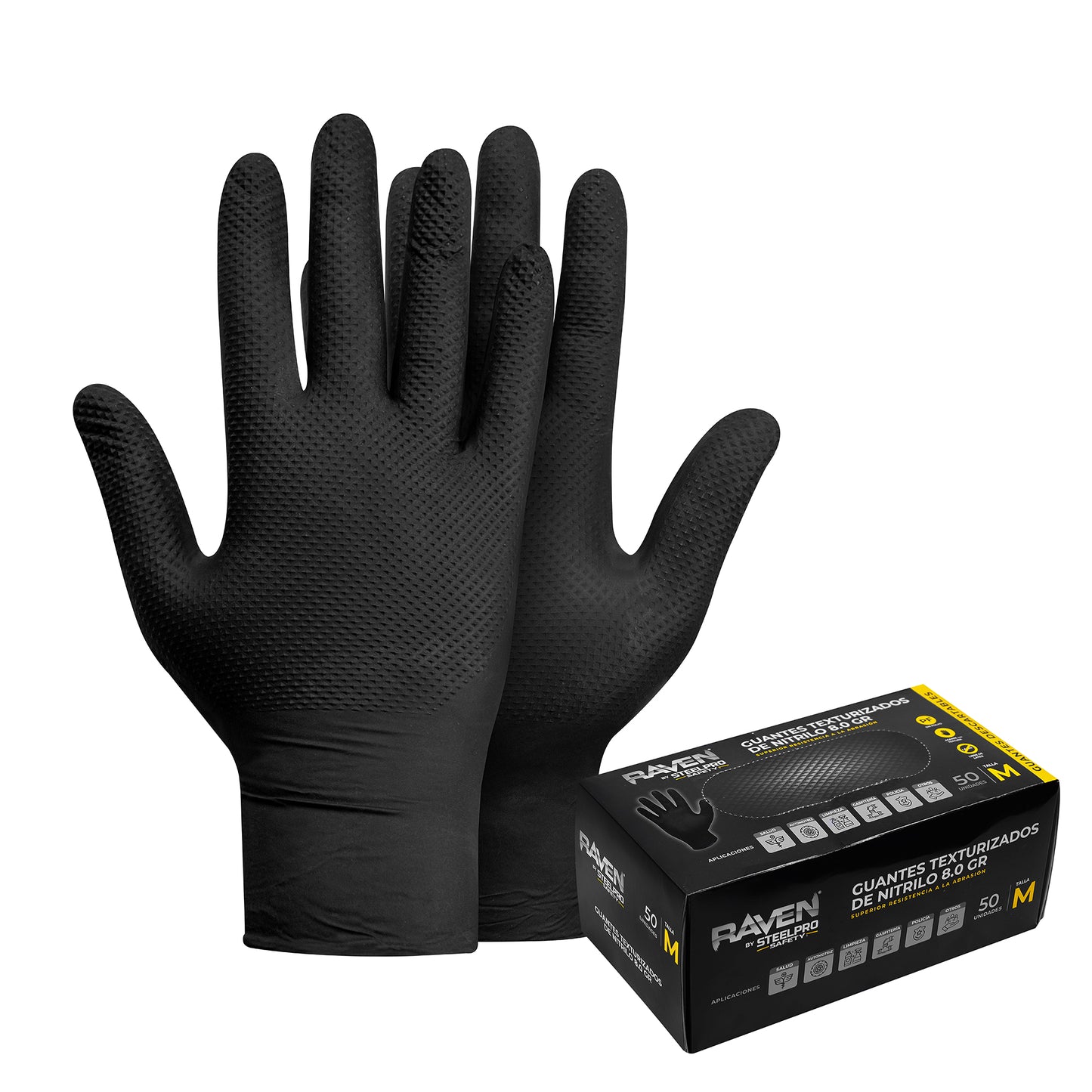 GUANTE RAVEN NITRILO TEXTURIZADO NEGRO 8.0 GR STEELPRO CAJA 50 UND