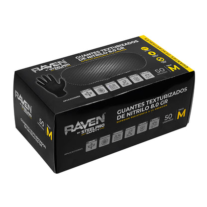GUANTE RAVEN NITRILO TEXTURIZADO NEGRO 8.0 GR STEELPRO CAJA 50 UND
